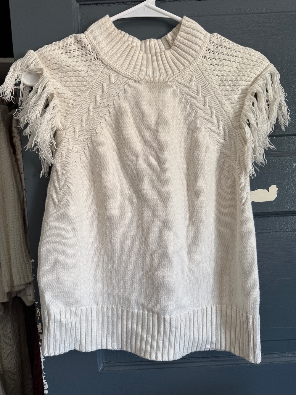 Anthropologie Cream Fringe-Sleeve Turtleneck Sweater